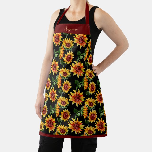 Rustikales Burgund Sonnenblumen Personalisierter F Schürze (InSitu)