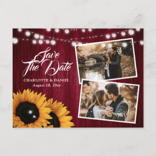 Rustikales Burgund-Sonnenblumen-Save the Date-Foto Ankündigungspostkarte