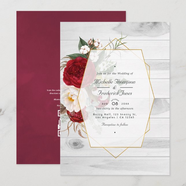 Rustikales Burgund und geometrische Hochzeit mit w Einladung (Vorne/Hinten)