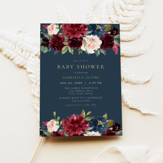 Rustikales Burgund und Navy-Floral-Baby-Dusche Einladung (Von Creator hochgeladen)