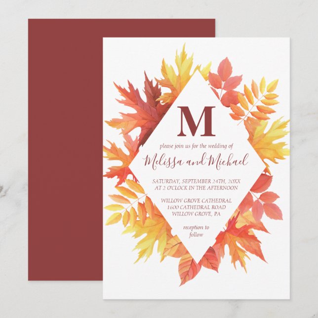 Rustikales Burgund und orangefarbene Herbstlaub Ho Einladung (Vorne/Hinten)