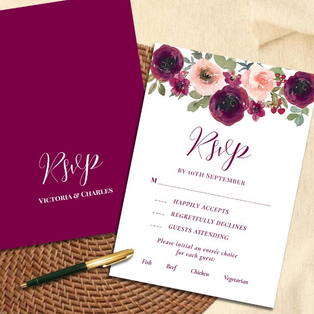 Rustikales Burgund Wasserfarbenfloral RSVP Karte (Von Creator hochgeladen)