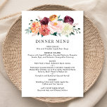 Rustikales Burgunder Blush Fall Blumendinner Menükarte<br><div class="desc">Das Design der Speisekarte für Hochzeitsessen zeichnet sich durch eine stilvolle Formulierung aus, die völlig personalisiert sein kann, durch ein rustikales Sommer- und Herbstfarben-Design mit schönen Rose, Dahlien, Blume und Grünpflanzen in einer wunderschönen Herbstpalette aus Bordeaux, Golden Gelb, Pfirsichorange, Rosa und Grün. Eine bordeauxrote Hintergrundfarbe mit einem strukturierten Aussehen zieht...</div>