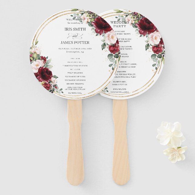 Rustikales Burgunder Blush Floral Gold Hochzeitspr Fächer (Vorne und Hinten)