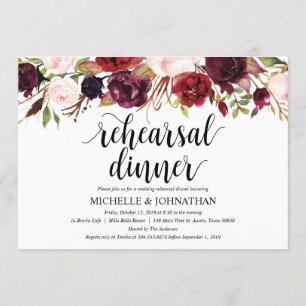 Rustikales Burgunder-Hochzeits-Proben-Abendessen Einladung