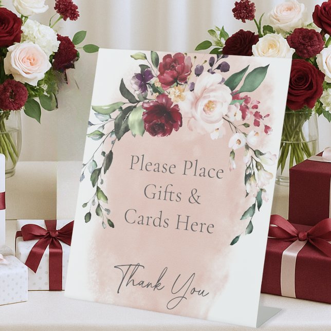 Rustikales Burgunder Rosen Brautparty Willkommen Sockelschild (Rustic Burgundy Pink Roses Bridal Shower Table Pedestal Sign)