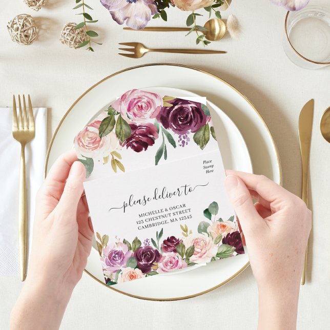 Rustikales Burgunder Wasserfarben Blume & Goldfall All In One Einladung (Von Creator hochgeladen)