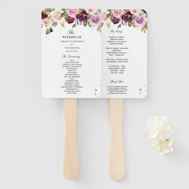 Rustikales Burgunder Wasserfarben Blume & Goldfall Fächer (Vorne und Hinten)