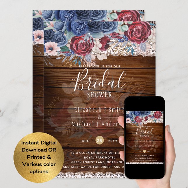 Rustikales Burgundy Blue Floral Brautparty Digital Einladung (Von Creator hochgeladen)