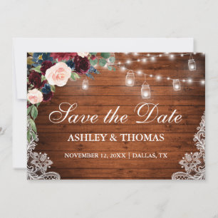 Rustikales Burgundy Blue Floral Lights Lace Wood Save The Date