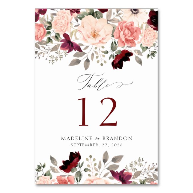Rustikales Burgundy Blush Floral Elegantes Hochzei Tischnummer (Vorderseite)