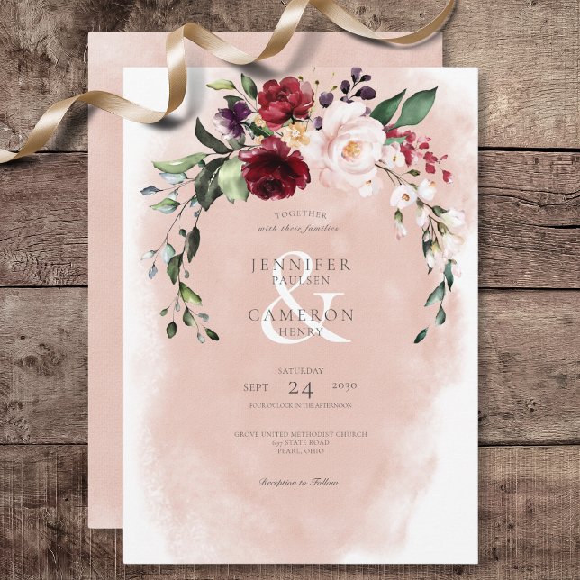 Rustikales Burgundy & Blush Pink Roses Wedding Einladung (Rustic Burgundy & Blush Pink Roses Wedding Invitation)
