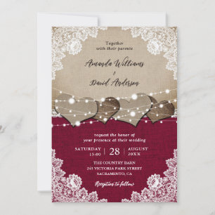 Rustikales Burgundy Burlap Lace Wedding Einladung