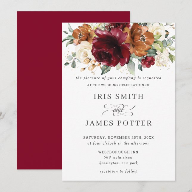 Rustikales Burgundy Burnt Orange Ivory Floral Wedd Einladung (Vorne/Hinten)