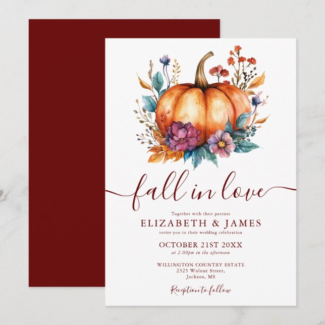 Rustikales Burgundy Fall in Liebe Pumpkin Hochzeit Einladung (Vorne/Hinten)