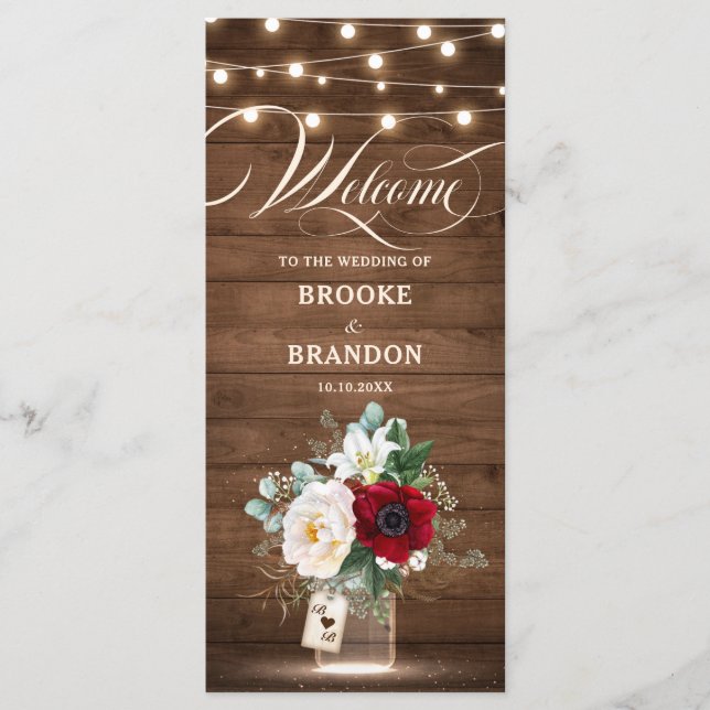 Rustikales Burgundy Floral Lights Mason Jar Weddin Programm (Vorderseite)