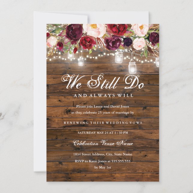 Rustikales Burgundy Floral Lights Wedding Vow Erne Einladung (Vorderseite)