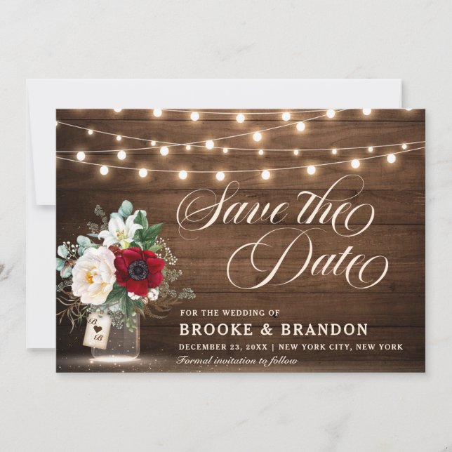 Rustikales Burgundy Floral String Lights Mason Jar Save The Date (Vorderseite)