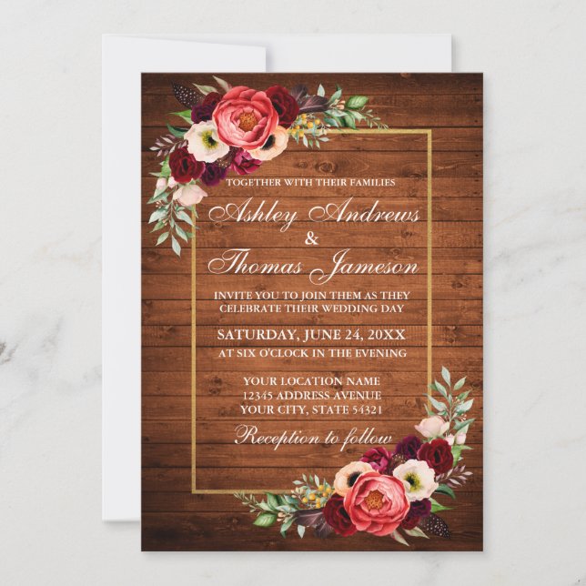 Rustikales Burgundy Floral Wood Boho Wedding Einla Einladung (Vorderseite)