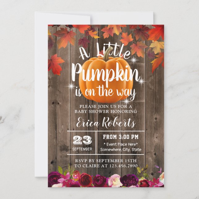 Rustikales Burgundy Herbst Kleine Pumpkin Babydusc Einladung (Vorderseite)