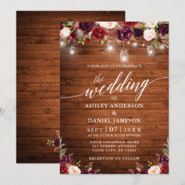 Rustikales Burgundy Jar Lights Calligrafy Wedding Einladung