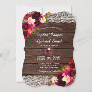 Rustikales Burgundy Lace Floral   Barn Country Wed Einladung