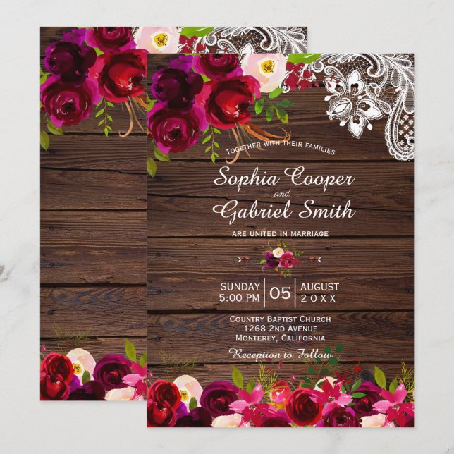 Rustikales Burgundy Lace Floral | Barn Wood Weddin Einladung (Vorne/Hinten)