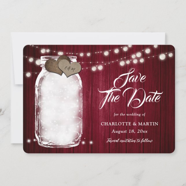 Rustikales Burgundy Mason Jar String Lights Hochze Save The Date (Vorderseite)