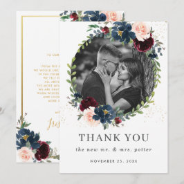 Rustikales burgundy Navy Blush Floral Wedding Foto Dankeskarte