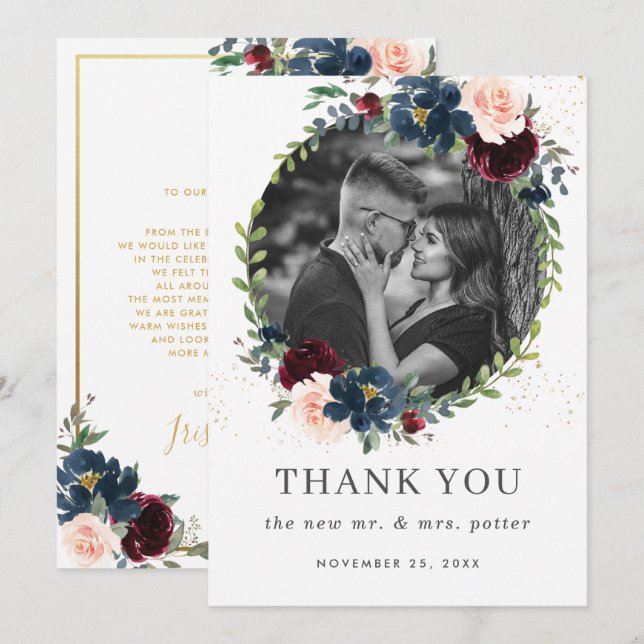 Rustikales burgundy Navy Blush Floral Wedding Foto Dankeskarte (Vorne/Hinten)