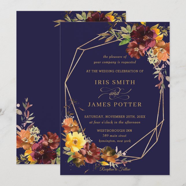Rustikales Burgundy Orange Floral Wedding Geometri Einladung (Vorne/Hinten)