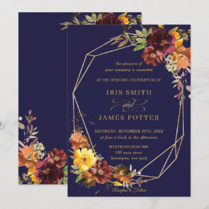Rustikales Burgundy Orange Floral Wedding Geometri Einladung