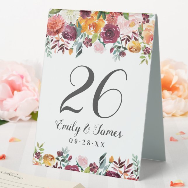 Rustikales Burgundy Pink Fall Floral Wedgram Tischaufsteller (In Situ (Hochzeit))