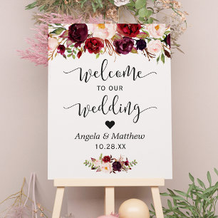 Rustikales burgundy Red Floral Begrüßungszeichen Poster