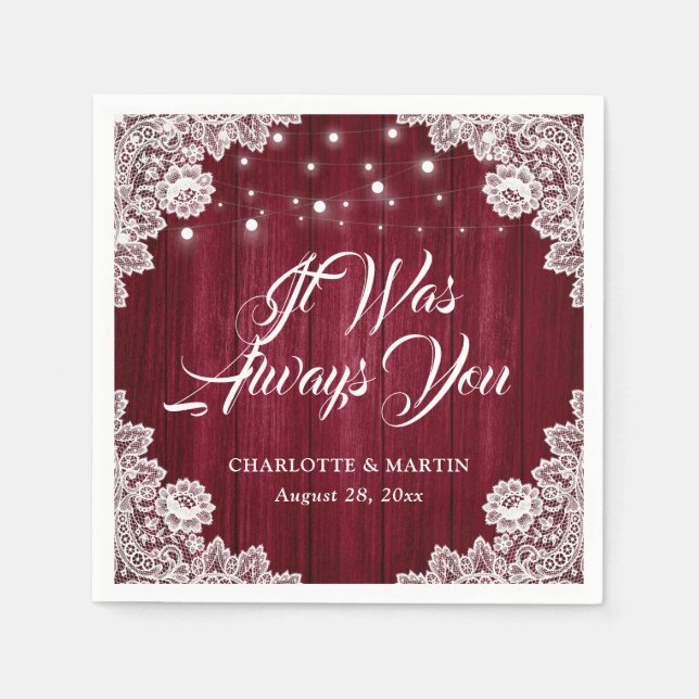 Rustikales Burgundy Red Wood Lace Wedding Napkins Serviette (Vorderseite)