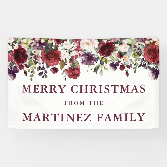 Rustikales Burgundy Rote Flora Frohe Weihnachten Banner (Horizontal)