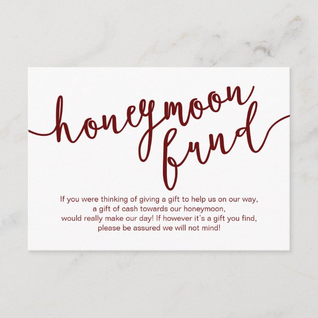 Rustikales Burgundy Script, Wedding Honeymoon Fund Begleitkarte (Vorderseite)