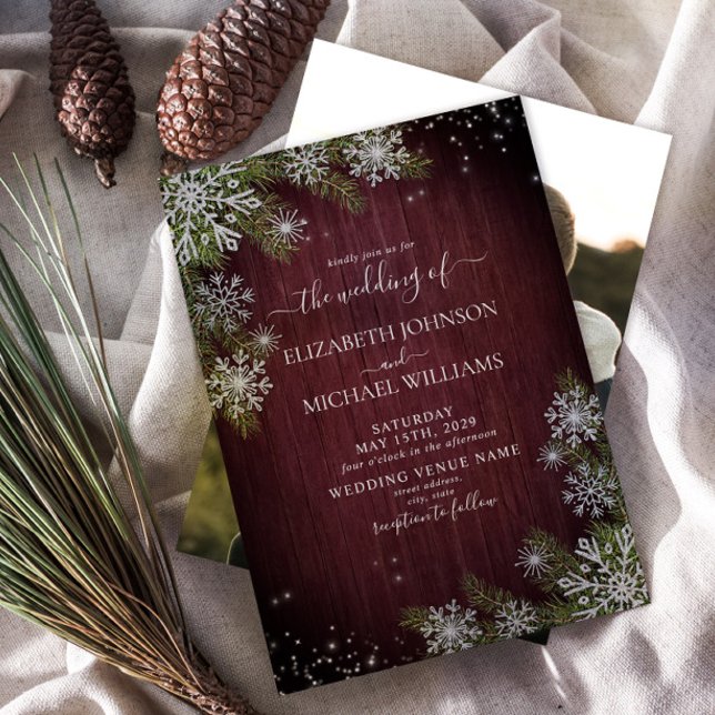 Rustikales Burgundy Silver Winter Wood Foto Weddin Einladung (Von Creator hochgeladen)