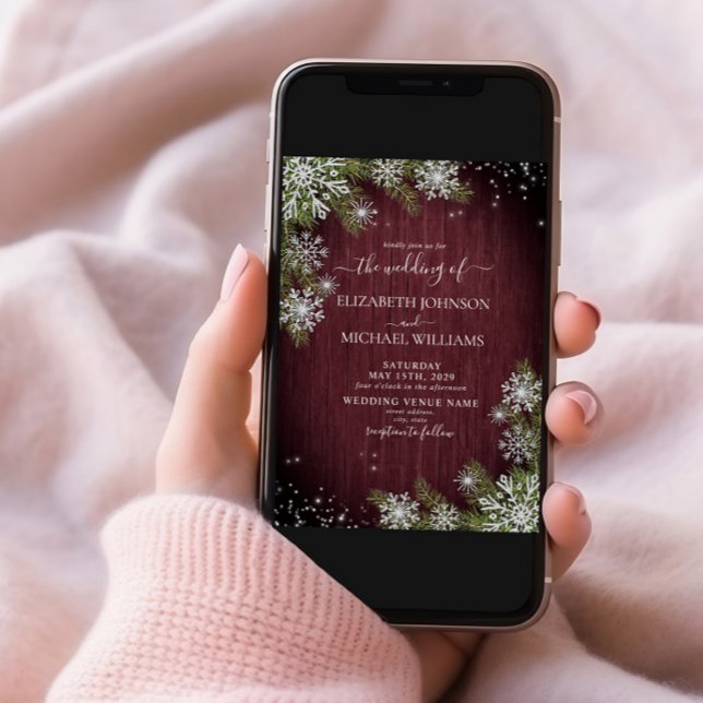 Rustikales Burgundy Silver Winter Wood Foto Weddin Einladung (Von Creator hochgeladen)