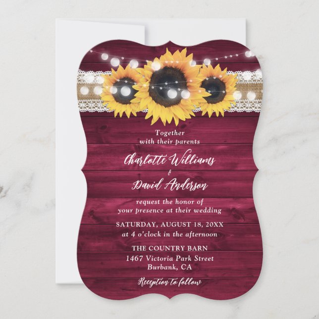 Rustikales Burgundy Sonnenblumenhochzeit Einladung (Vorderseite)