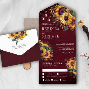Rustikales Burgundy Wood Boho Sonnenblumen Hochzei All In One Einladung