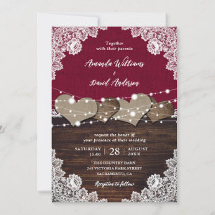 Rustikales Burgundy Wood Burlap Lace Wedding Einladung