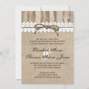 Rustikales Burlap-Barn-Holz-Zwirn-Hochzeit Einladu Einladung