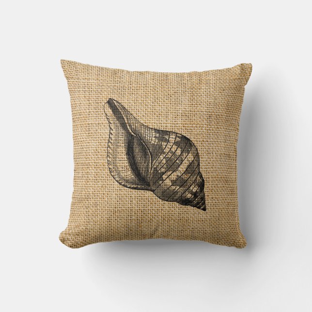 Rustikales Burlap Beach Theme Seashells Throw Kiss Kissen (Vorderseite)