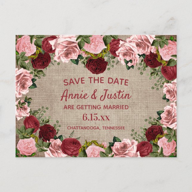 Rustikales Burlap Burgundy Blush Pink Floral Rett  Postkarte (Vorderseite)