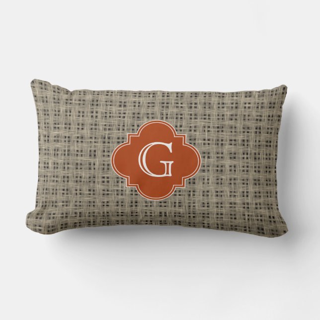 Rustikales Burlap Burnt Orange Quatrefolienmonogra Lendenkissen (Vorderseite)