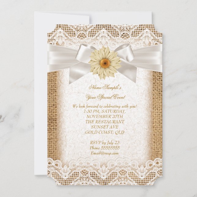 Rustikales Burlap Cream Lace, Gerbera Blume Bow 3 Einladung (Vorderseite)
