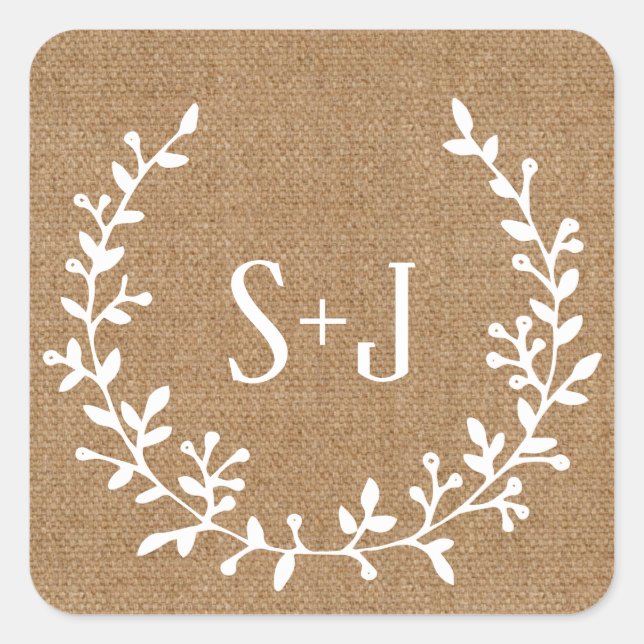 Rustikales Burlap Elegantes White Wreath Wedding S Quadratischer Aufkleber (Vorderseite)
