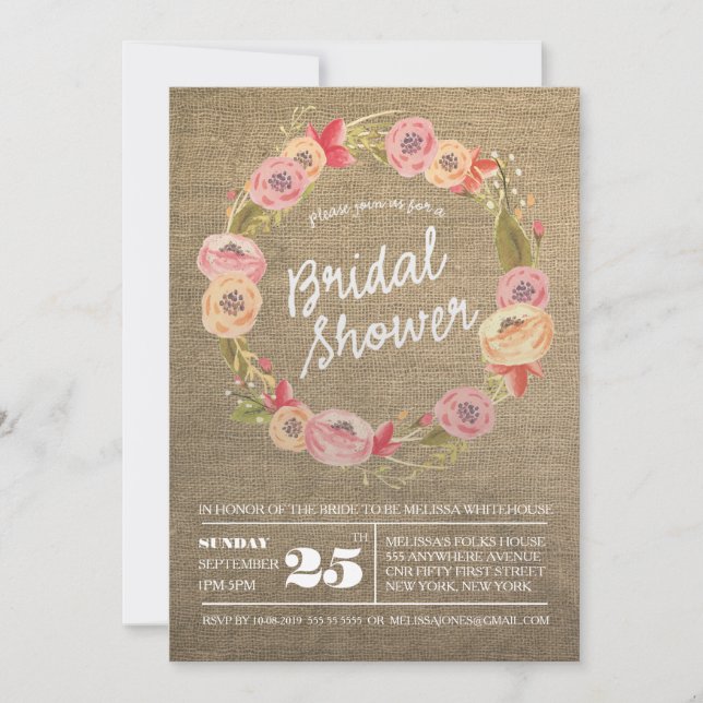 Rustikales Burlap Floral Wreath Brautparty Einladu Einladung (Vorderseite)