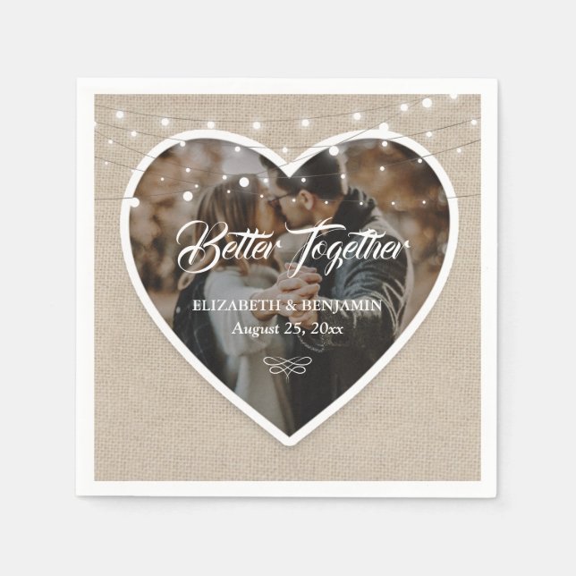 Rustikales Burlap Heart String Lights Wedding Foto Serviette (Vorderseite)